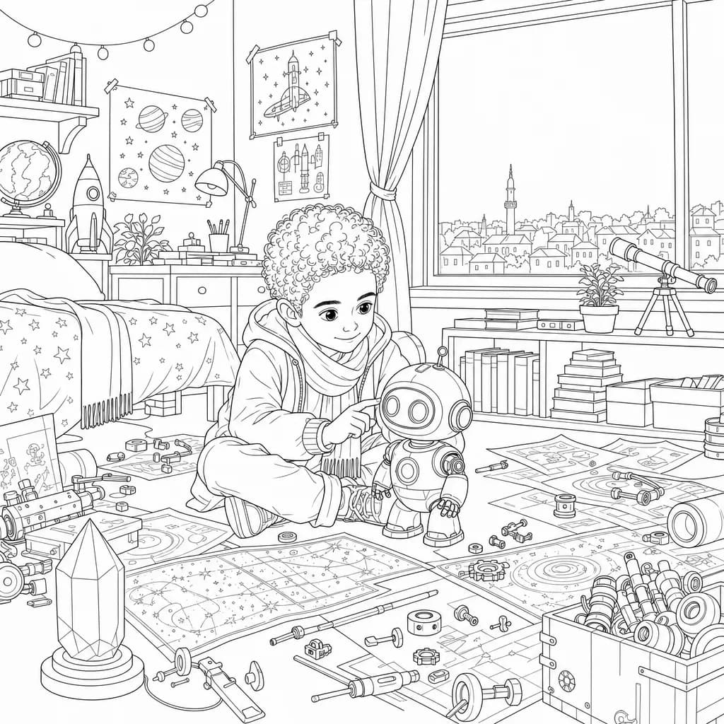 A colouring page of the same picture
