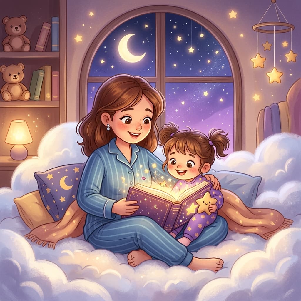A parent and child in pajamas reading a storybook together in a starry bedroom