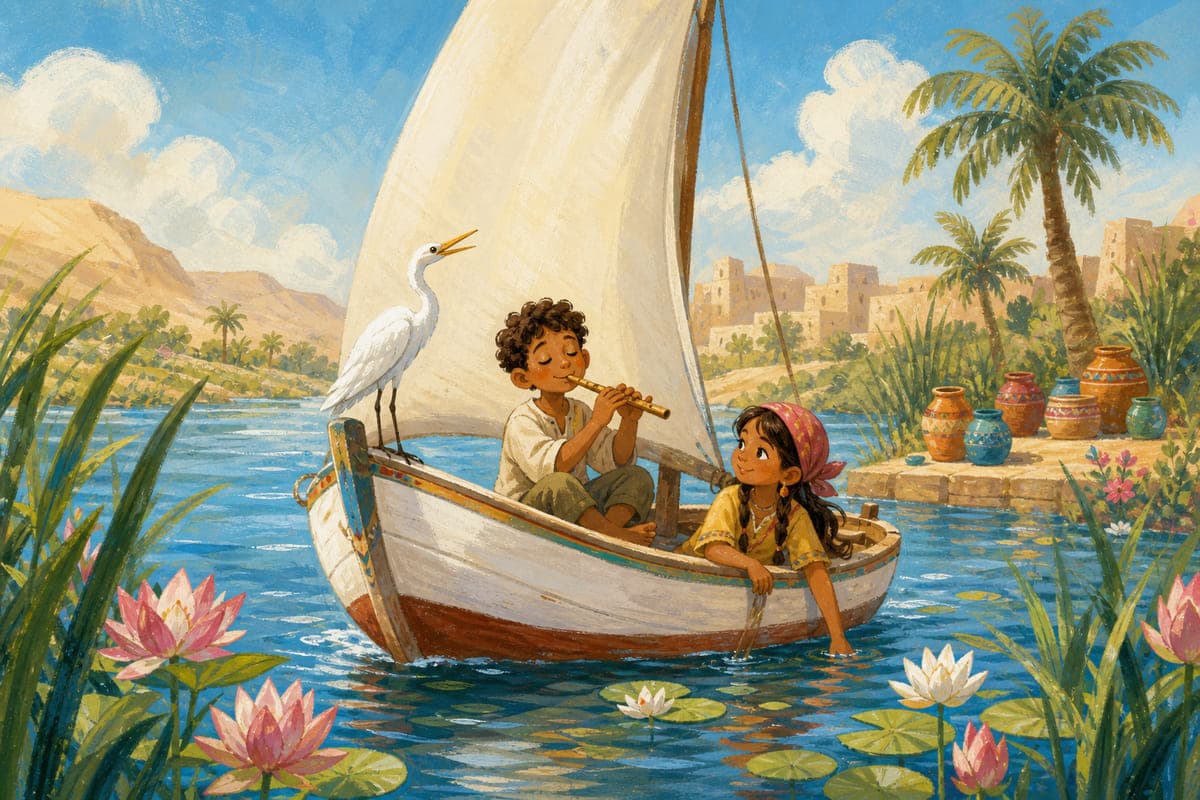 Two children sailing a small boat on a river lined with palm trees and lotus flowers
