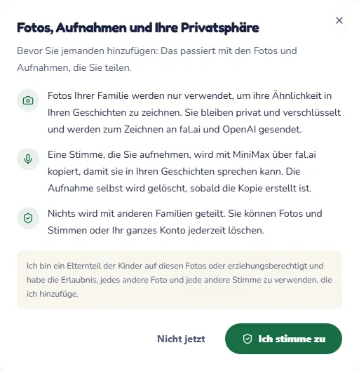 Das Fenster, das erklärt, wofür Fotos und Aufnahmen verwendet werden, mit der Schaltfläche zum Zustimmen