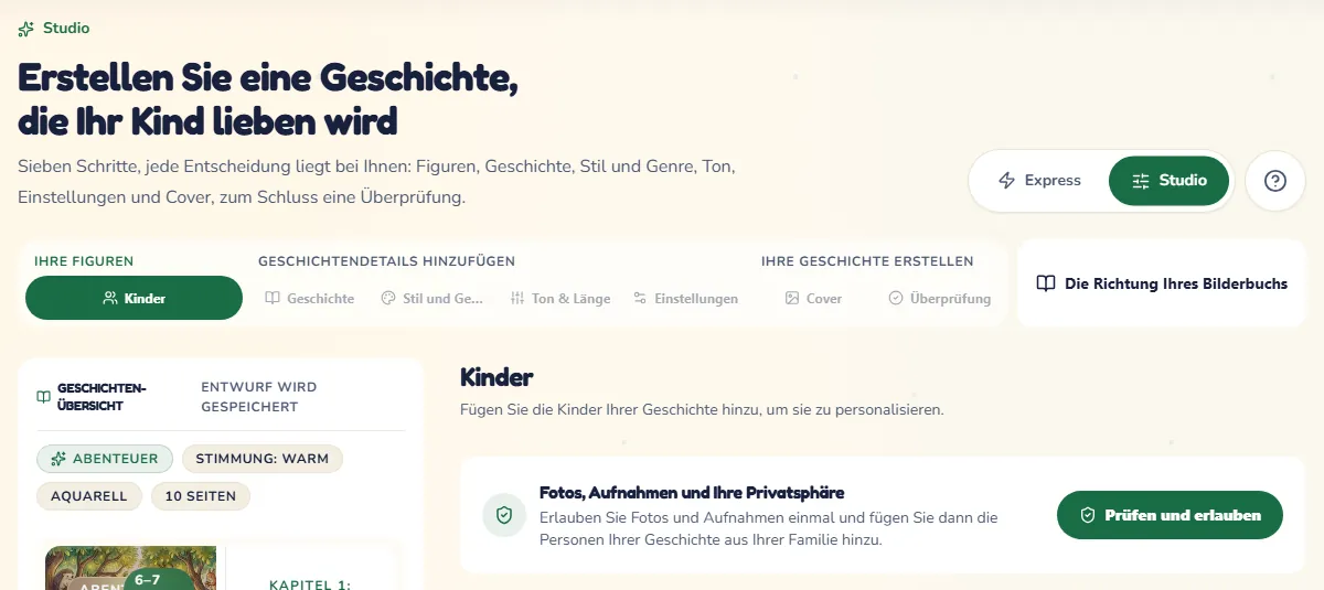 Der Modus Studio mit seinen sieben Schritten, der mit der Karte beginnt, auf der die erwachsene Person sagt, wer sie ist