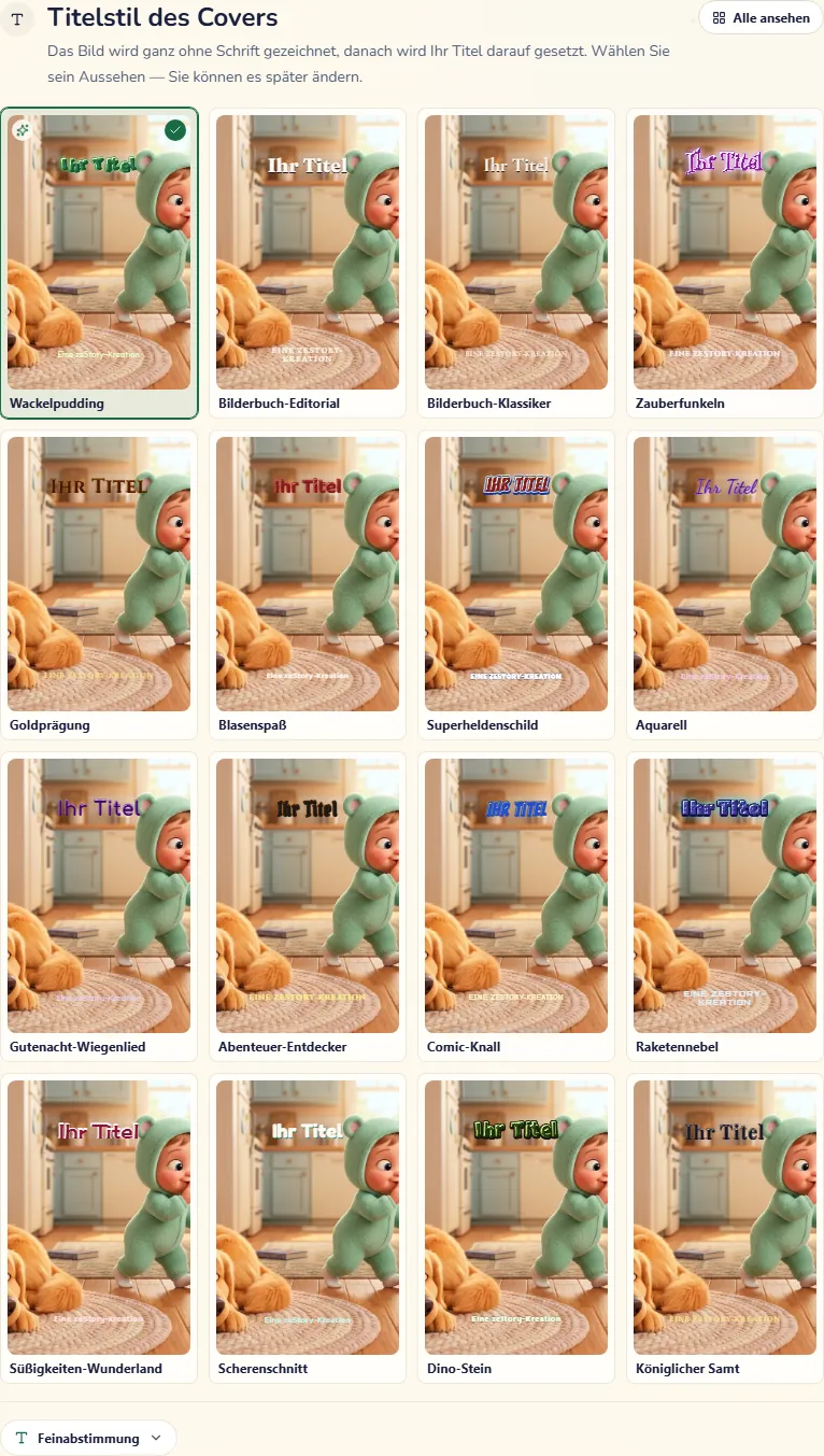 Die Titelstile für das Titelbild, sechzehn in einem Raster, mit der Schaltfläche, die alle öffnet
