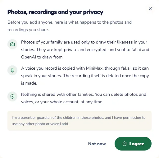 The pop-up that explains how photos and recordings are used, with the button to agree
