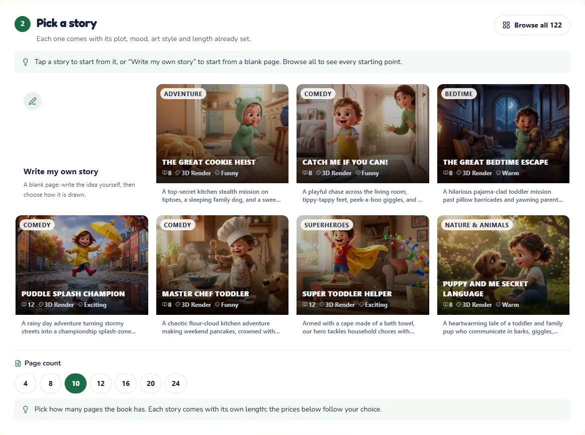 The second step: ready-made stories with painted covers, and a blank page for your own idea