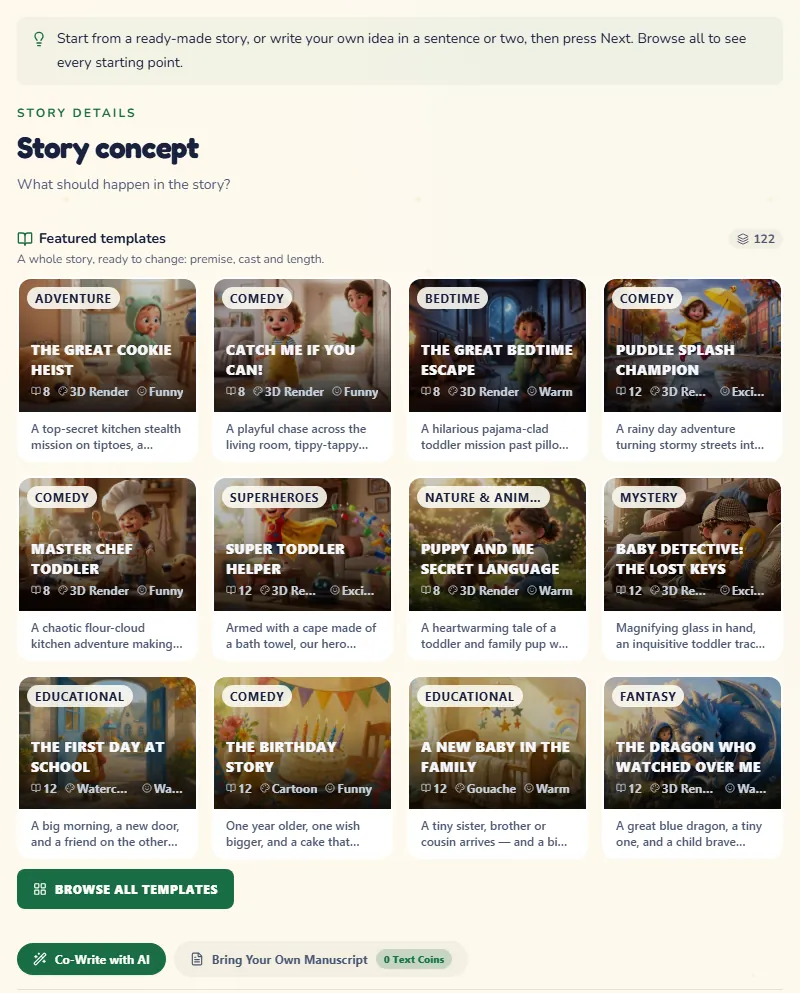 The Story step, with ready-made stories and room for your own idea