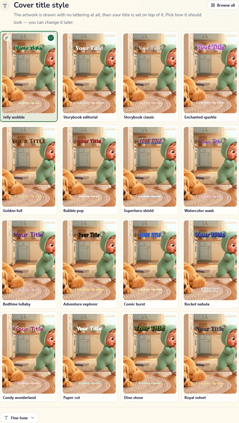 The cover title styles, sixteen in a grid, with the button that opens them all