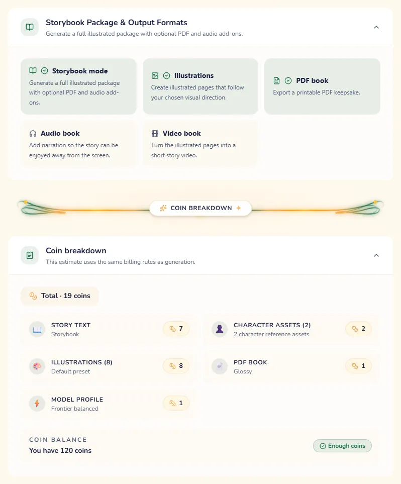 The review step, with what is made and what each part costs in coins