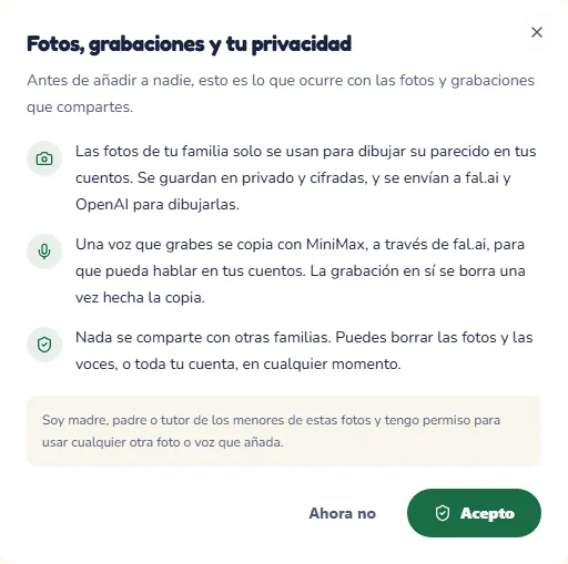 La ventana que explica para qué se usan las fotos y las grabaciones, con el botón para aceptar