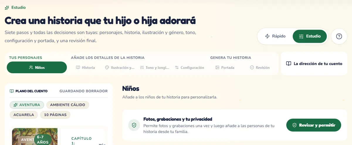 El modo Estudio con sus siete pasos, que empieza por la tarjeta donde el adulto que crea el cuento dice quién es