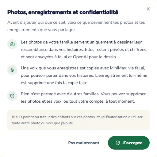 La fenêtre qui explique l'usage des photos et des enregistrements, avec le bouton pour accepter