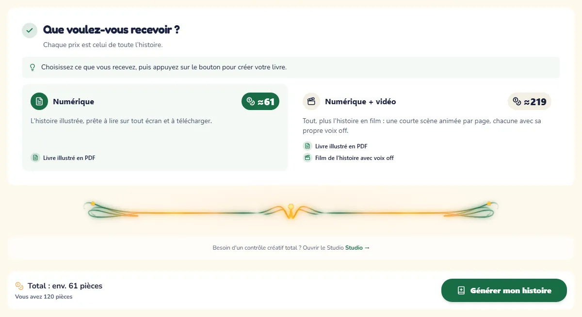 Les formules avec leur prix en pièces, et le bouton qui crée le livre