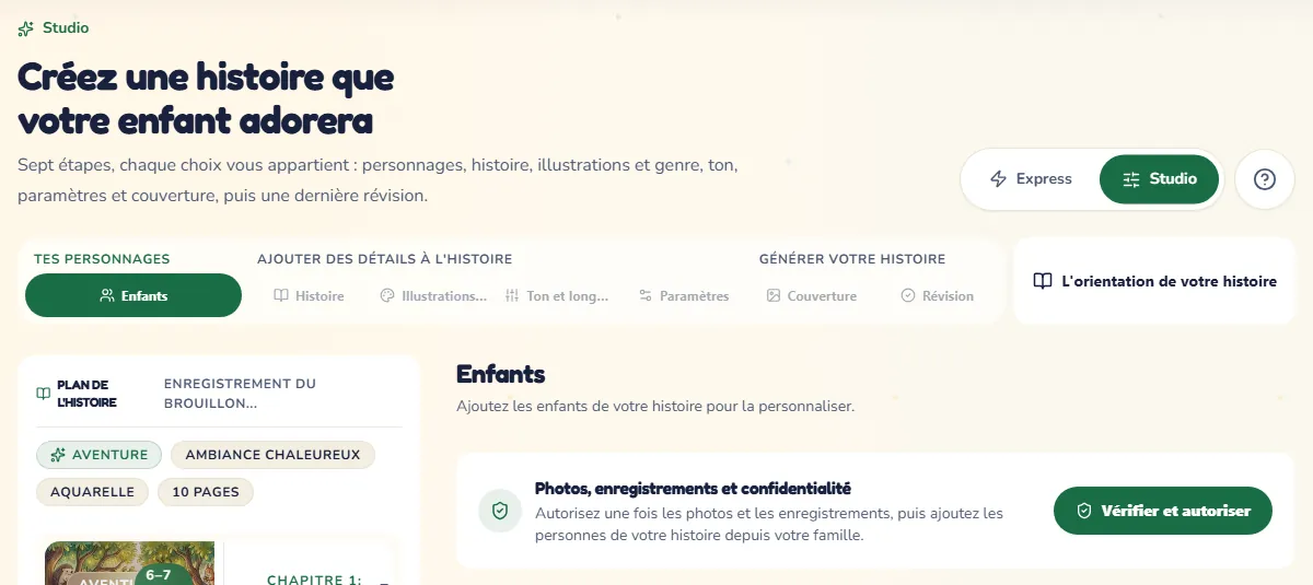 Le mode Studio et ses sept étapes, qui s'ouvre sur la carte où l'adulte qui crée l'histoire se présente
