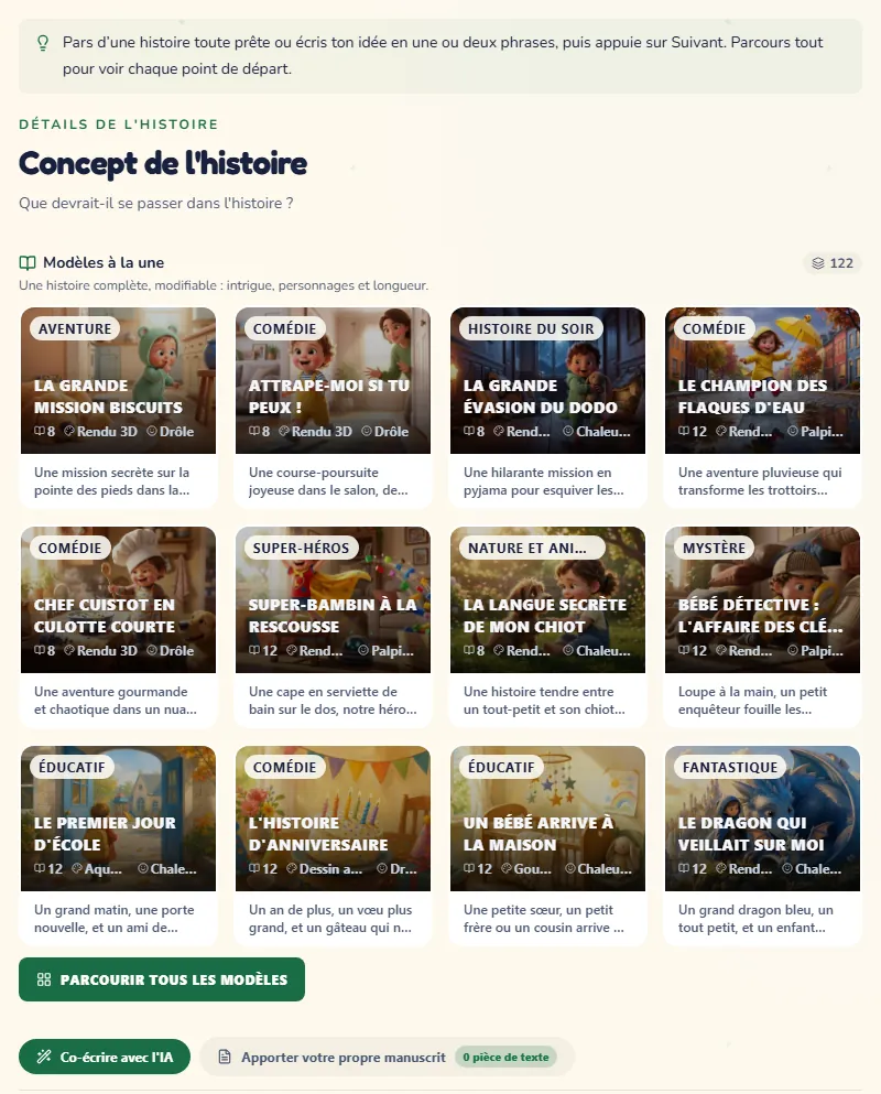 L'étape Histoire, avec des histoires toutes prêtes et de la place pour votre propre idée