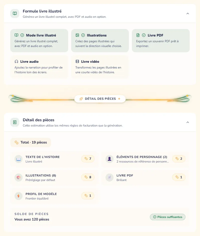 L'étape de révision, avec ce qui sera créé et le coût de chaque partie en pièces