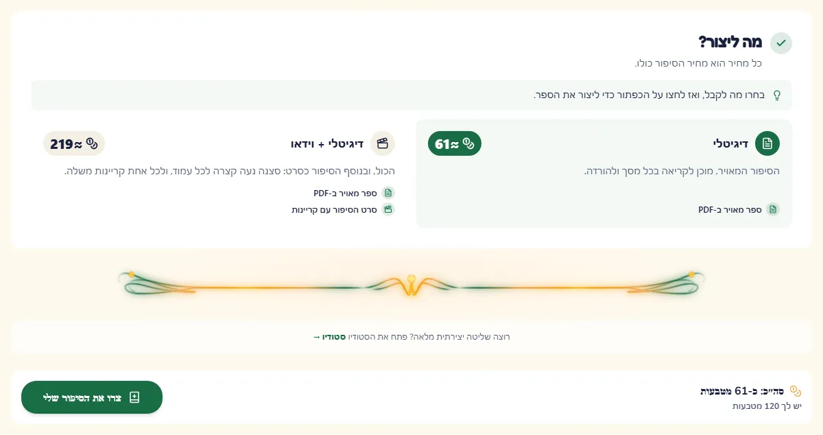 החבילות עם המחיר שלהן במטבעות, והכפתור שיוצר את הספר