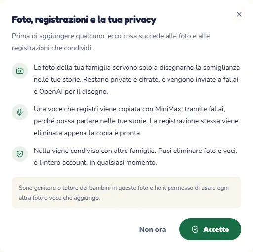 La finestra che spiega come vengono usate foto e registrazioni, con il pulsante per accettare