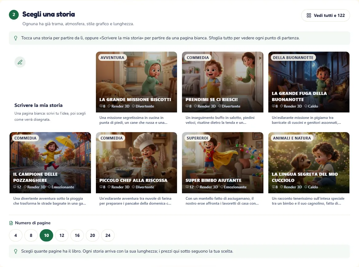 Il secondo passaggio: storie pronte con copertine dipinte e una pagina bianca per la tua idea