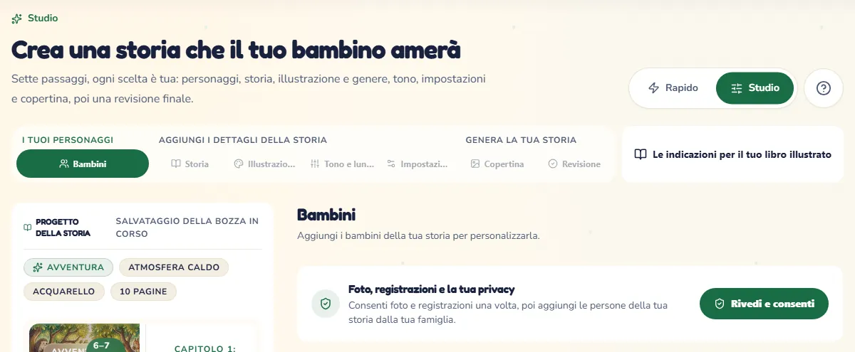 La modalità Studio con i suoi sette passaggi, che si apre con la scheda in cui l'adulto che crea la storia dice chi è