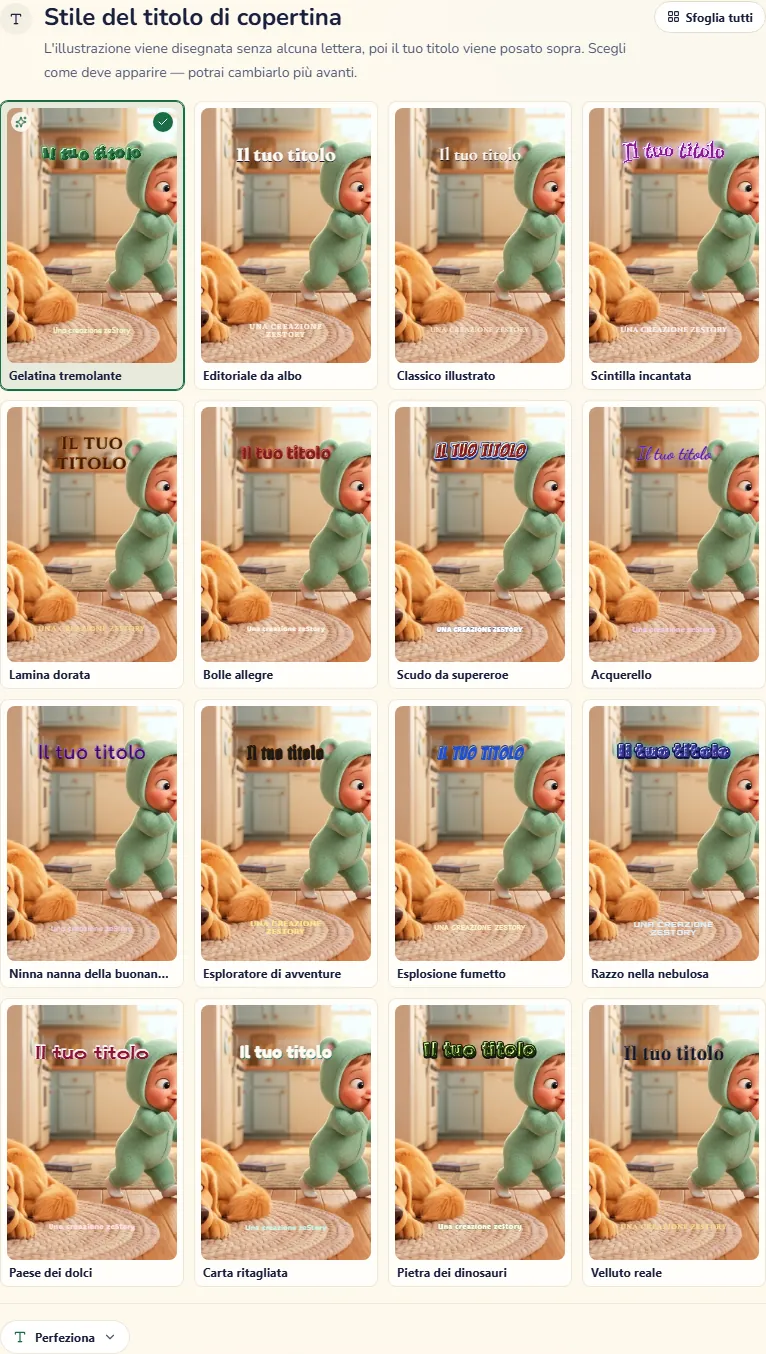 Gli stili del titolo di copertina, sedici in una griglia, con il pulsante che li apre tutti