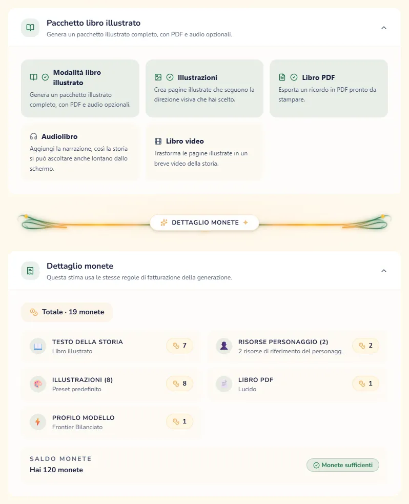 Il passaggio di revisione, con ciò che verrà creato e il costo di ogni parte in monete