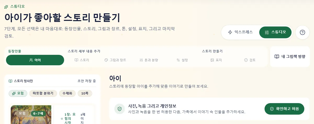 7단계가 있는 스튜디오 모드. 이야기를 만드는 어른이 자신을 소개하는 카드로 시작해요