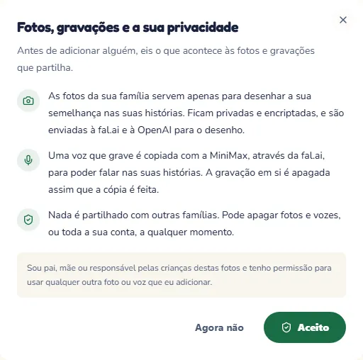 A janela que explica como as fotos e as gravações são usadas, com o botão para aceitar