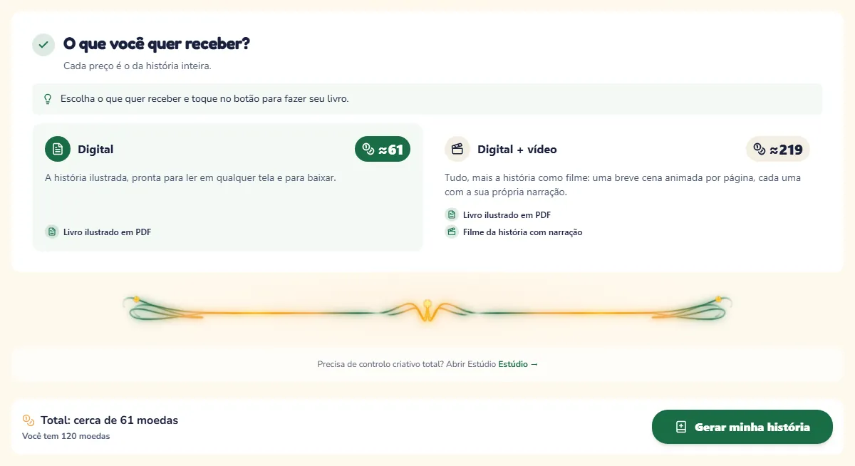 Os pacotes com o preço em moedas e o botão que cria o livro