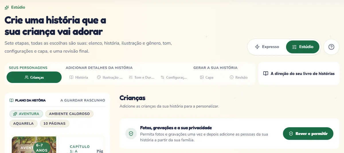 O modo Estúdio com os seus sete passos, que começa pelo cartão onde o adulto que cria a história diz quem é