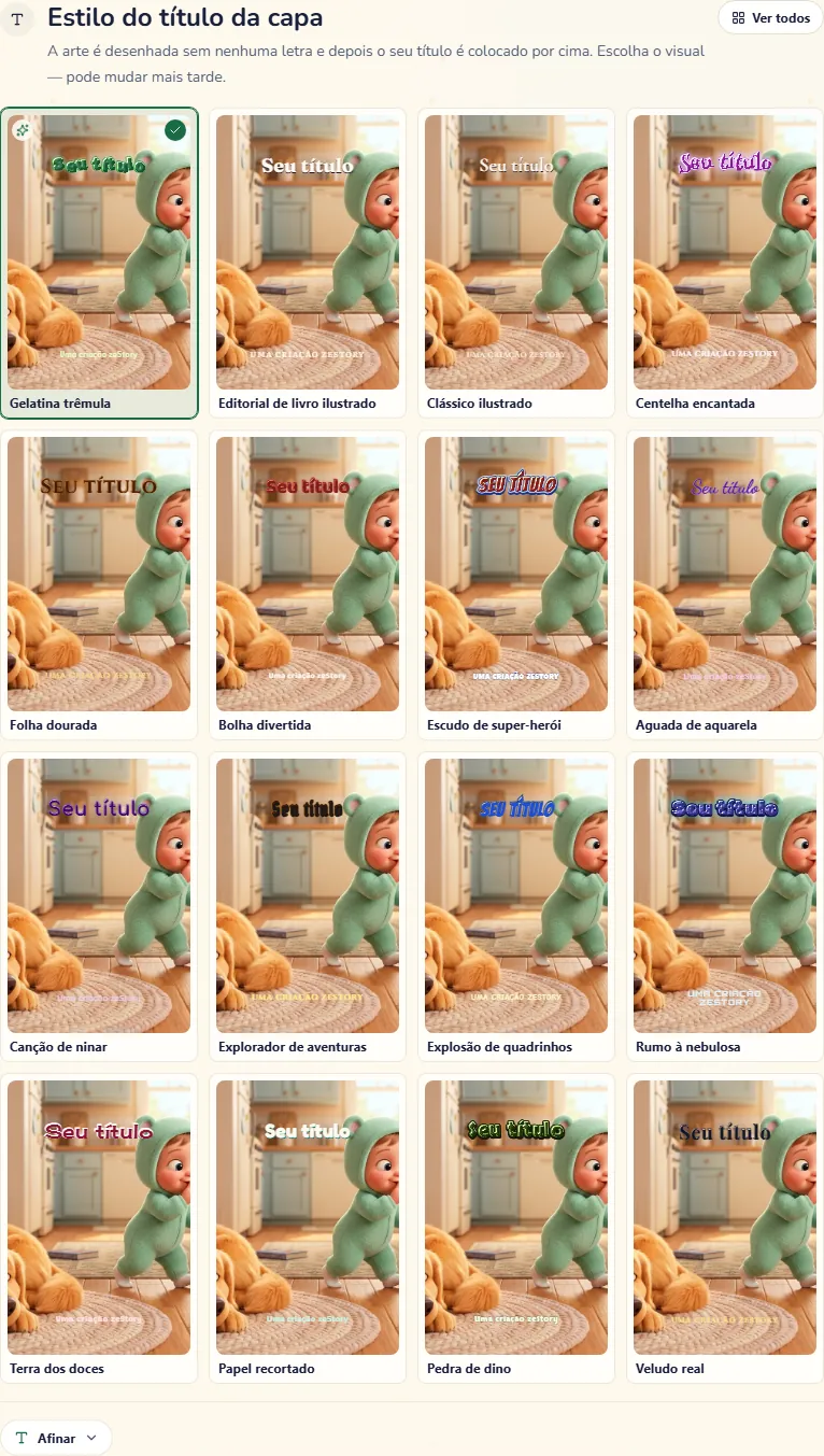 Os estilos do título da capa, dezasseis numa grelha, com o botão que os abre todos