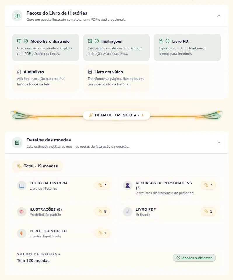 O passo de revisão, com o que vai ser criado e o custo de cada parte em moedas